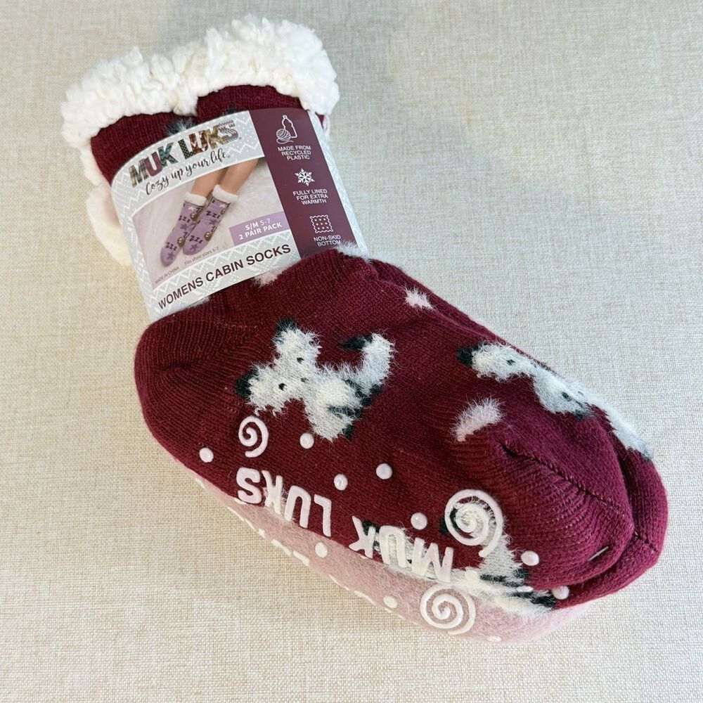MUK LUKS Womens Cabin Socks S/M 5-7 2 Pair Dog Pink Burgundy Sherpa NEW